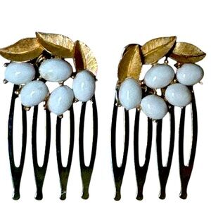 White Beaded Flower Hair Comb Set Gold Leaves Vintage Jewelry Bridal Accessory